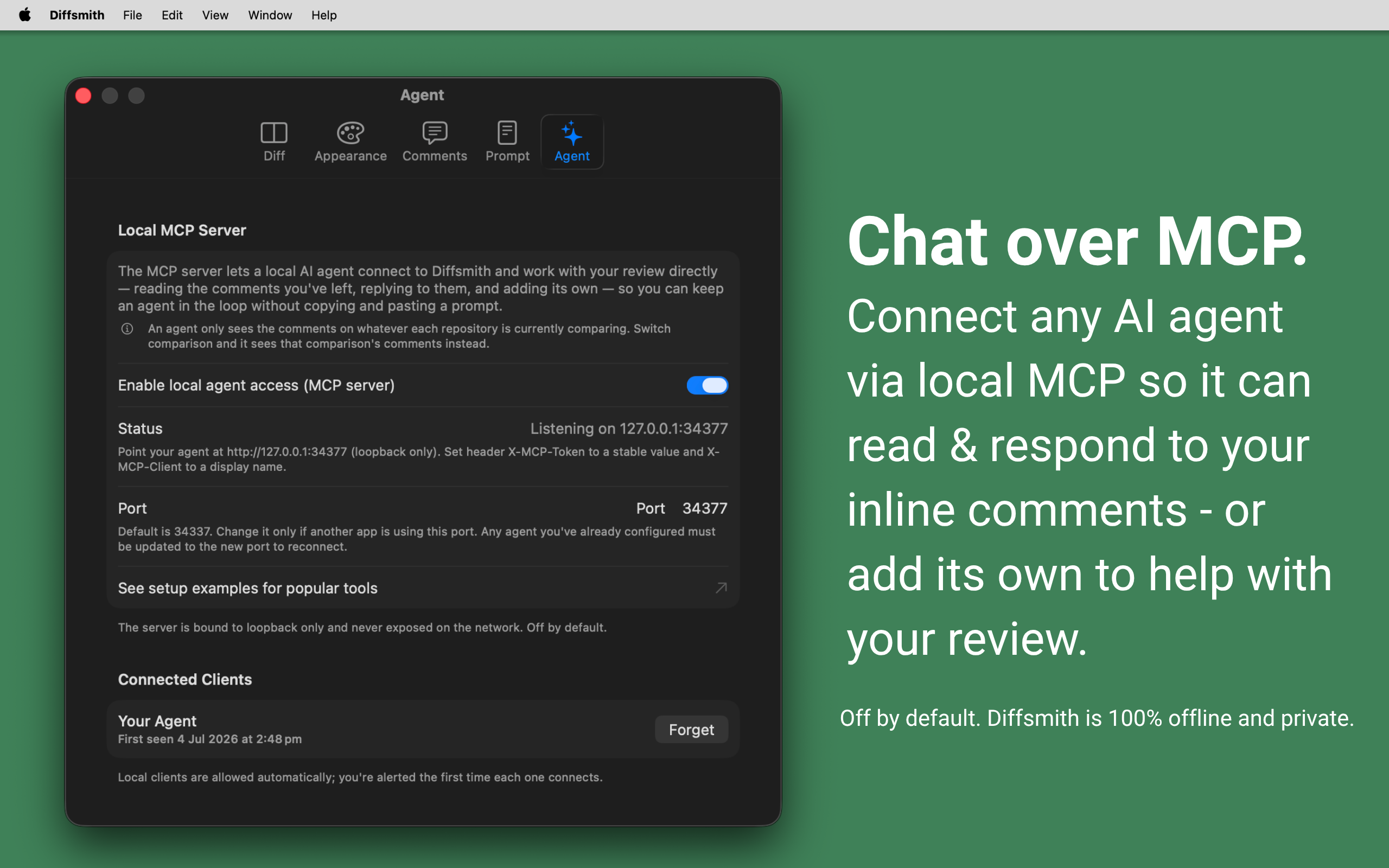 Diffsmith — connecting an AI coding agent over a local MCP server to read and respond to inline code review comments