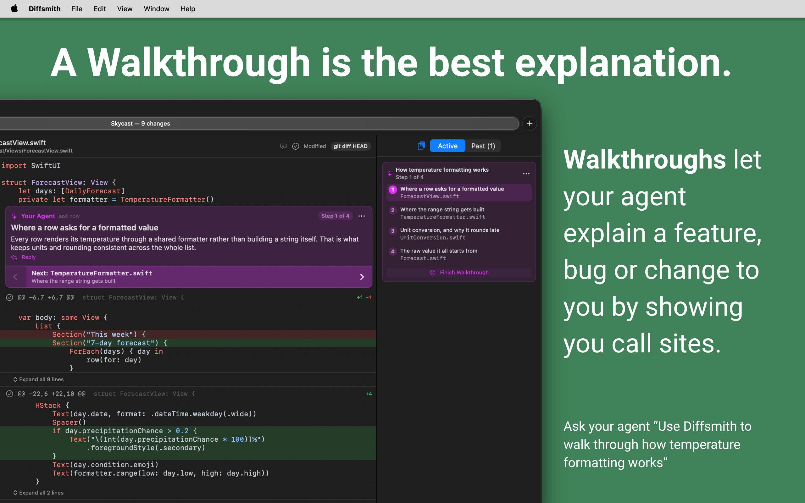 Diffsmith — an AI agent's walkthrough of how temperature formatting works, shown as numbered steps in the sidebar