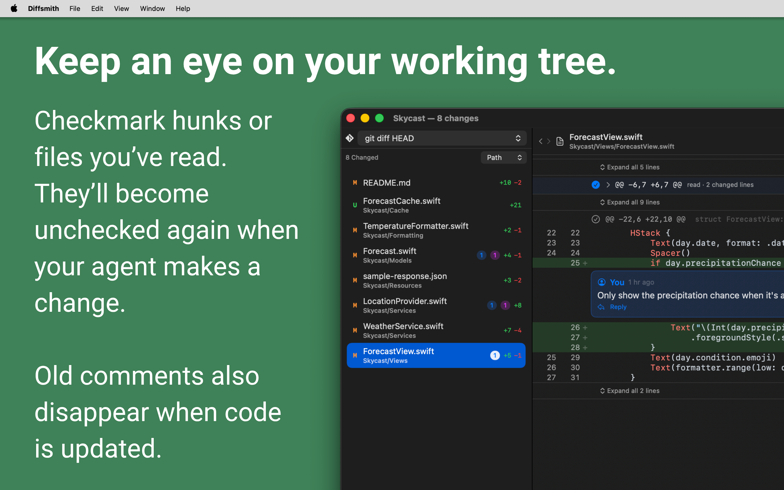 Diffsmith — marking hunks and files as read while an AI agent's local git changes update live on disk