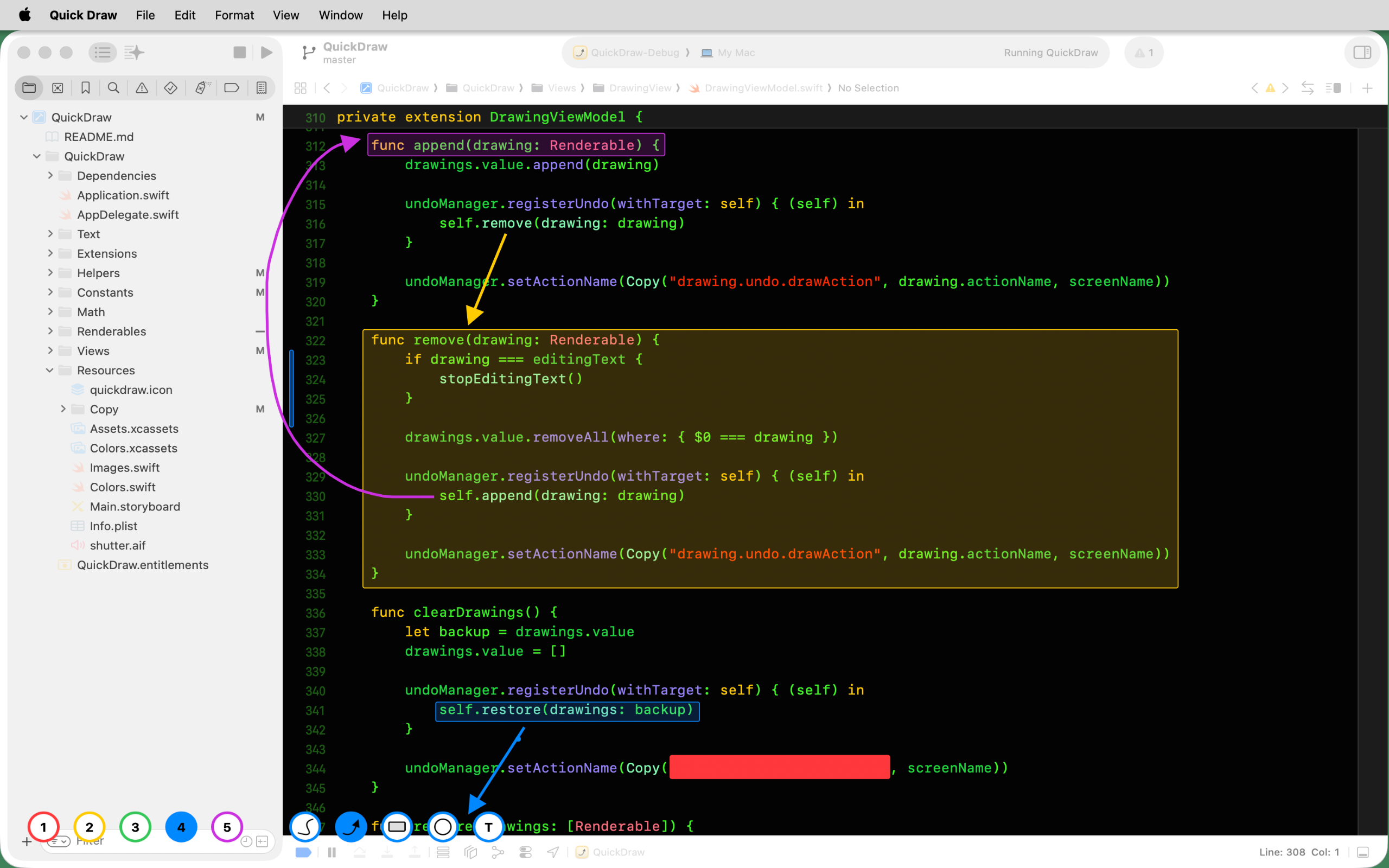 Quick Draw on macOS: arrows and highlight boxes drawn over Xcode to point out specific lines of code