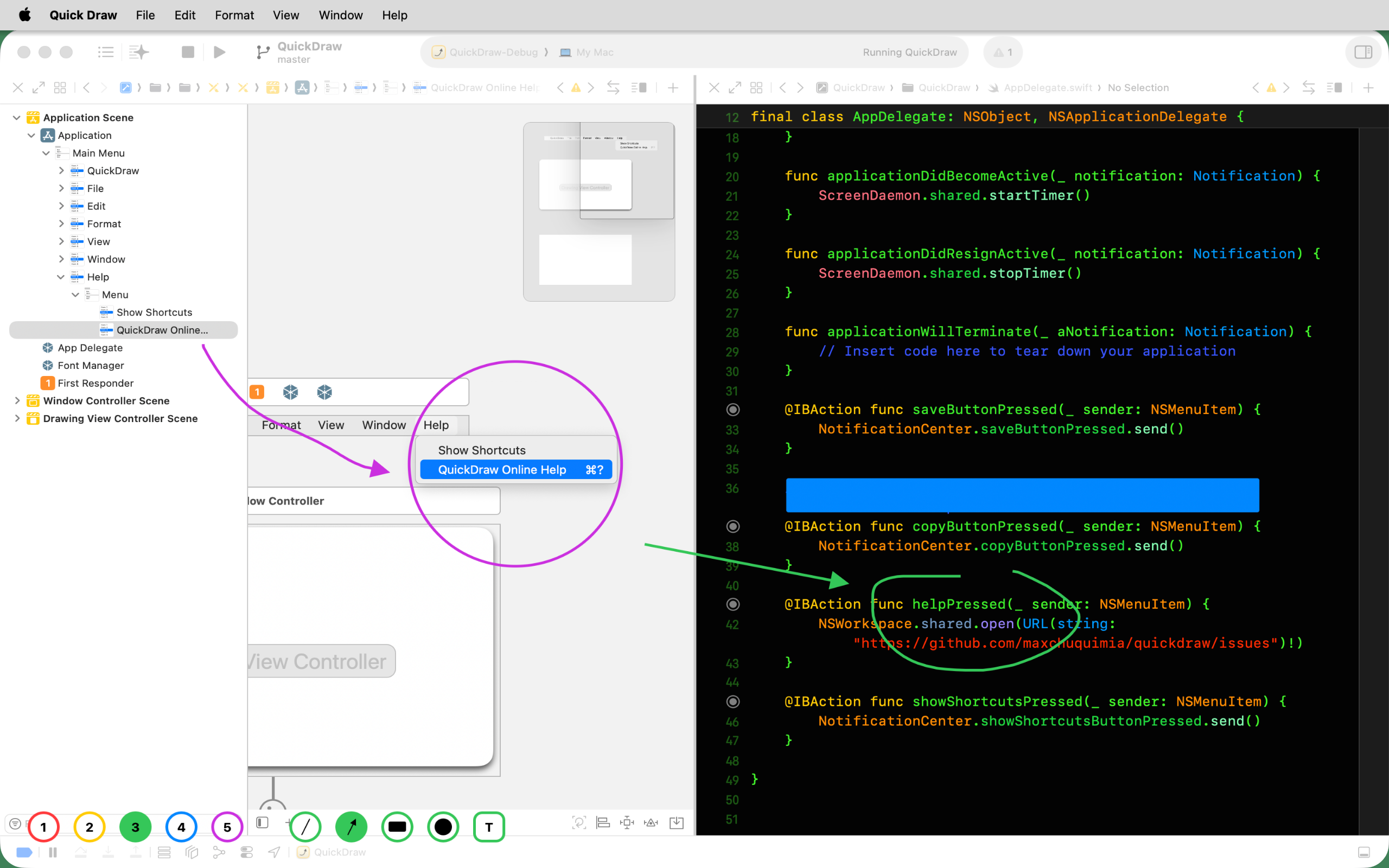 Quick Draw covering a line of code with a solid filled rectangle, with a circle and arrow highlighting the rest of the screen
