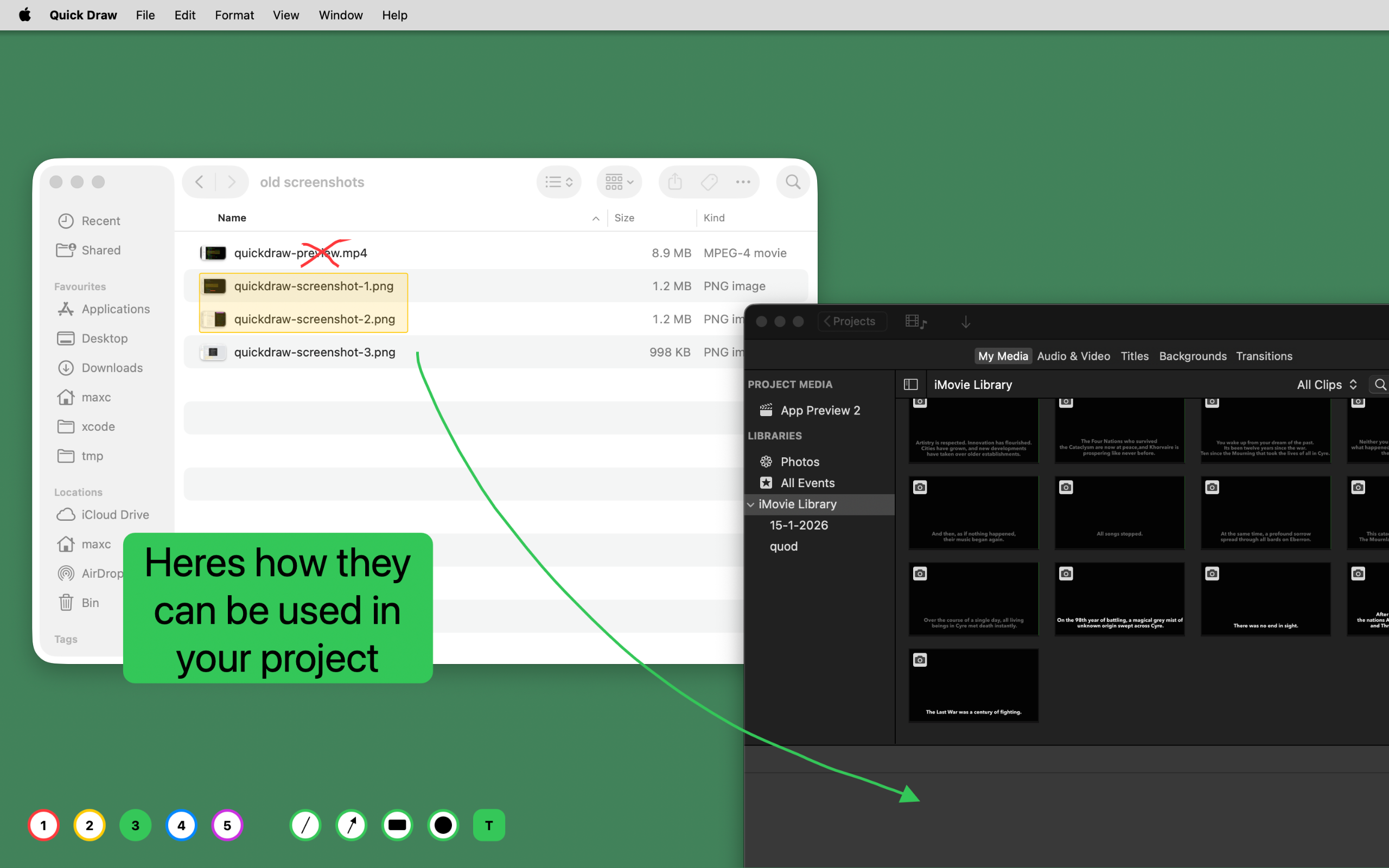 Quick Draw: a typed green label and a long curved arrow drawn from a Finder window across to an iMovie window