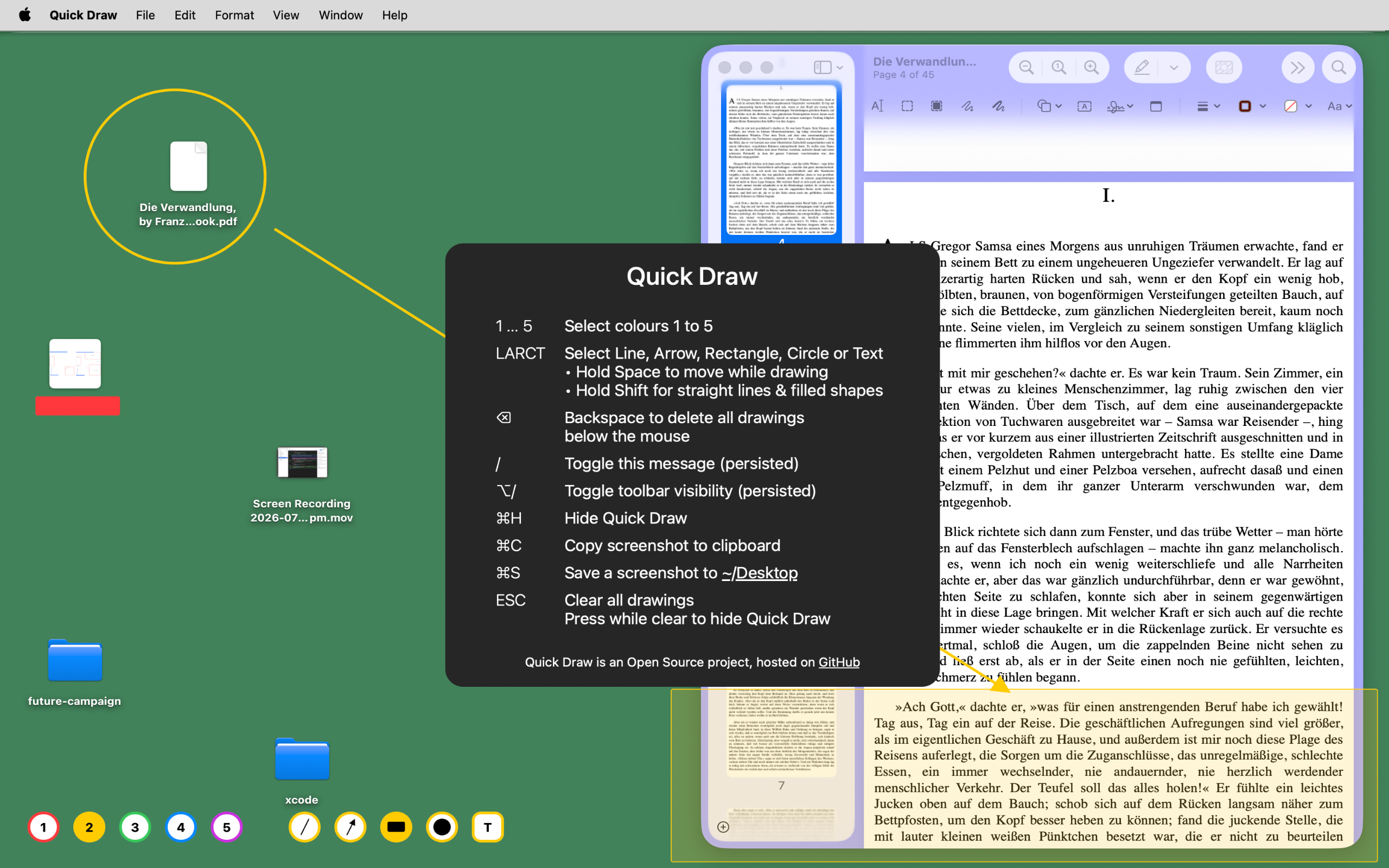 Quick Draw's built-in shortcut card listing colours, shapes, text and the keyboard controls, shown over a PDF on the desktop