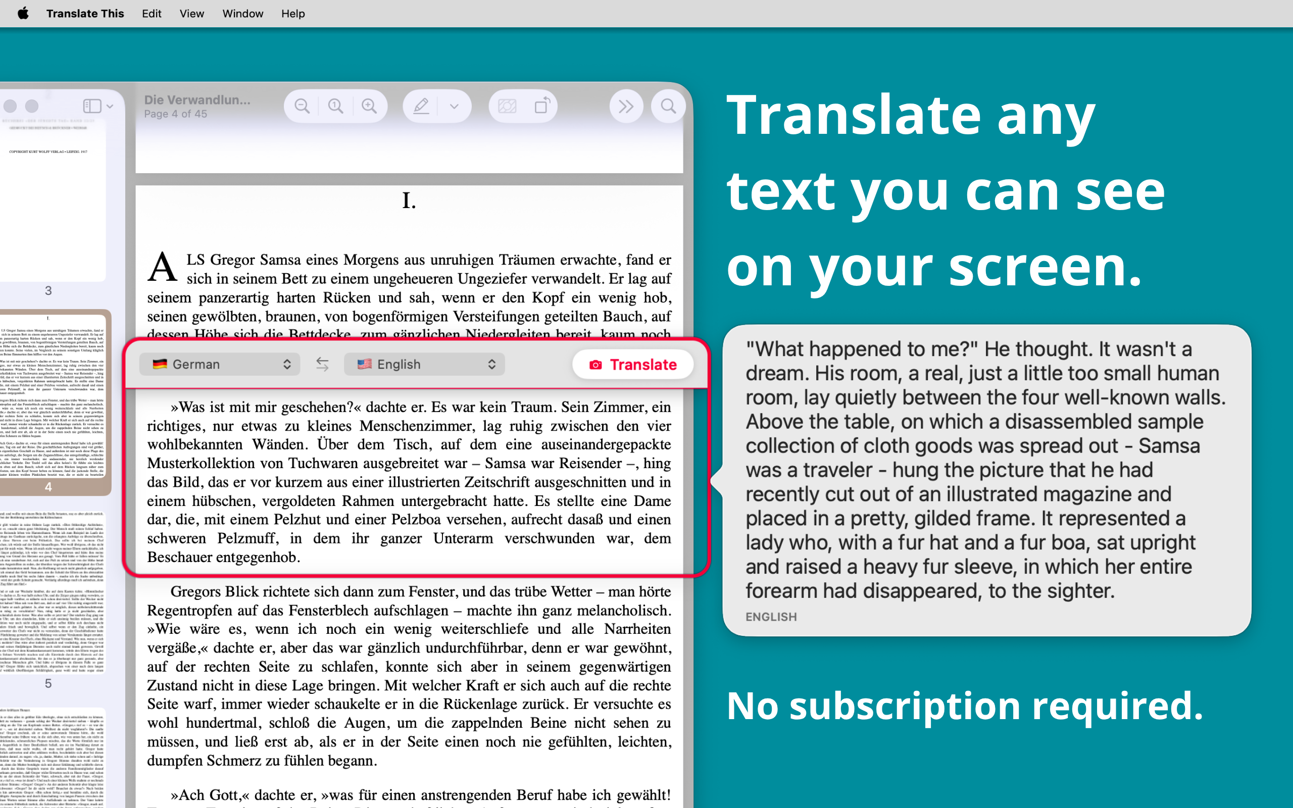 Translate This — a floating frame placed over German text in a PDF, with the English translation beside it