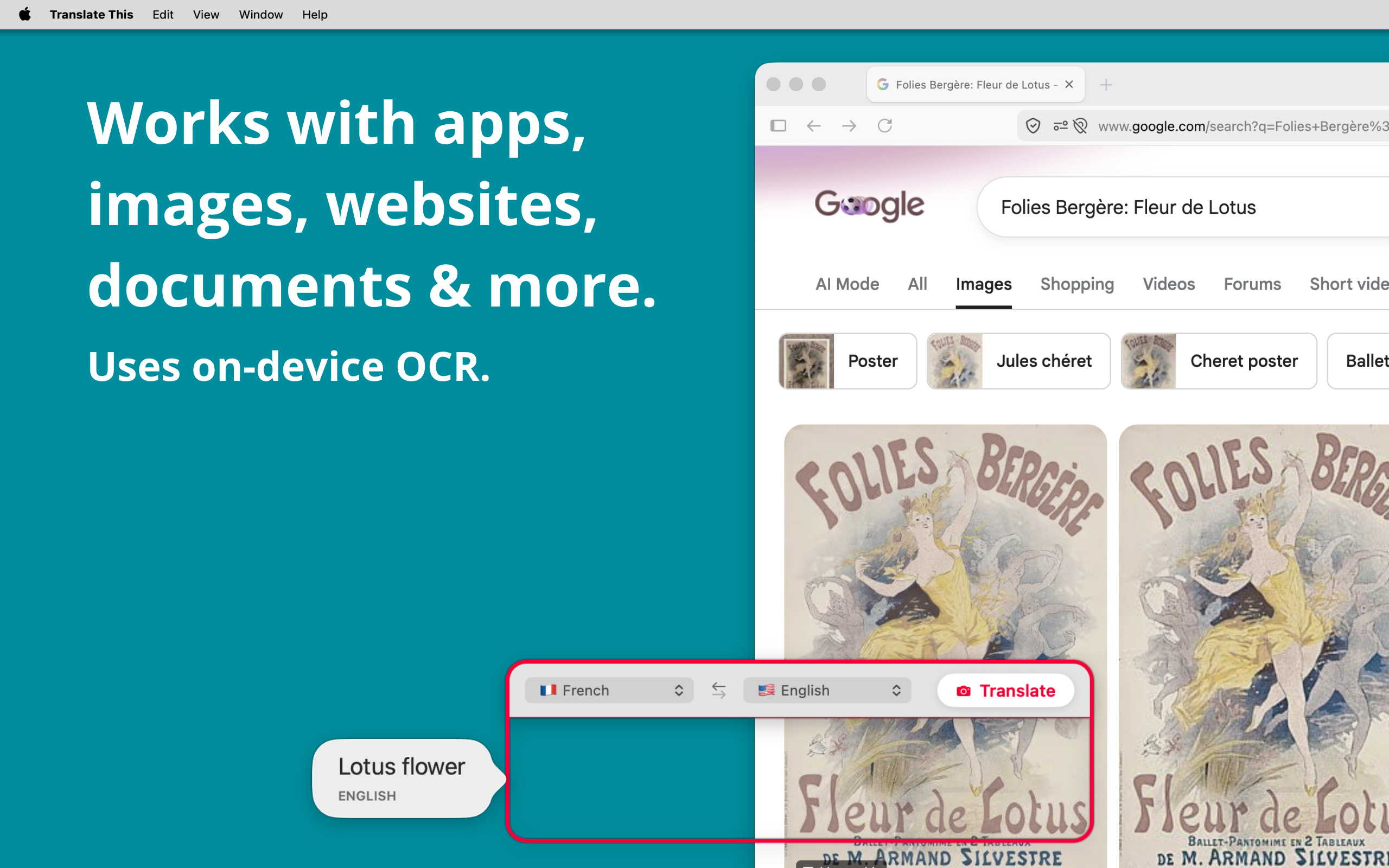 Translate This — translating French text inside an image in a web browser using on-device OCR