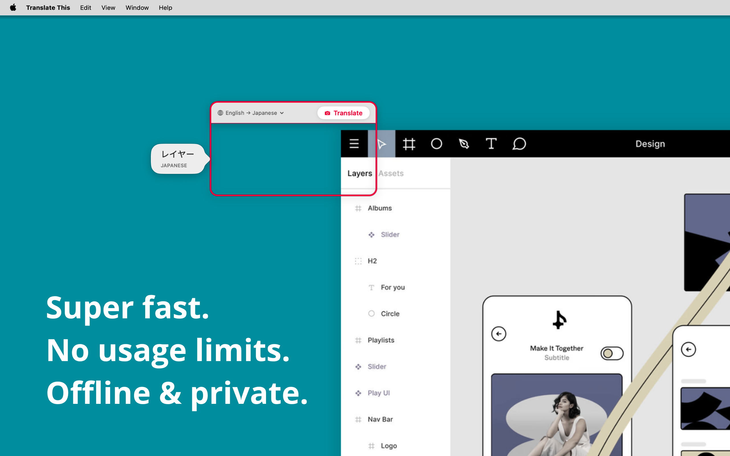 Translate This — translating an app interface from English to Japanese, on-device and offline